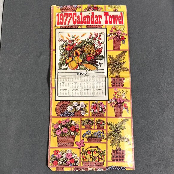 Vintage 1977 Cotton Linen Tea Towel Calendar Kitchen towel Harvest - Picture 1 of 12
